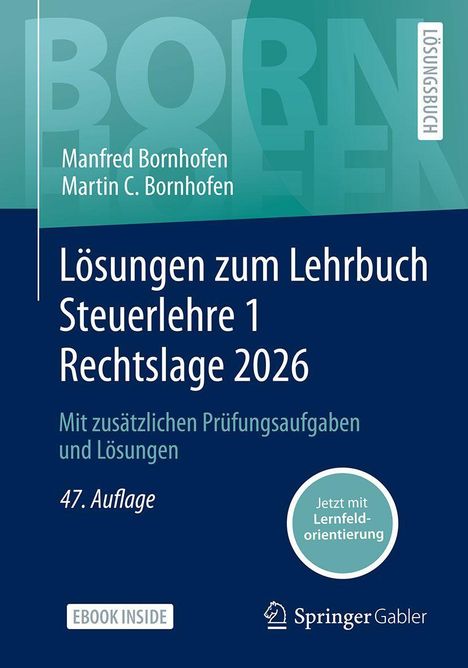 Text: "Lösungen zum Lehrbuch Steuerlehre 1 Rechtslage 2026". Autoren: Manfred und Martin C. Bornhofen. Blaues Cover.