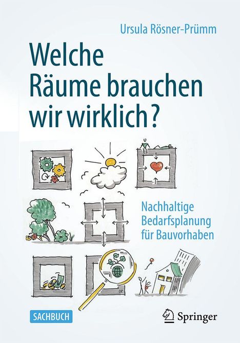 Titel: "Welche Räume brauchen wir wirklich?" Untertitel: "Nachhaltige Bedarfsplanung für Bauvorhaben." Illustration mit Symbolen.