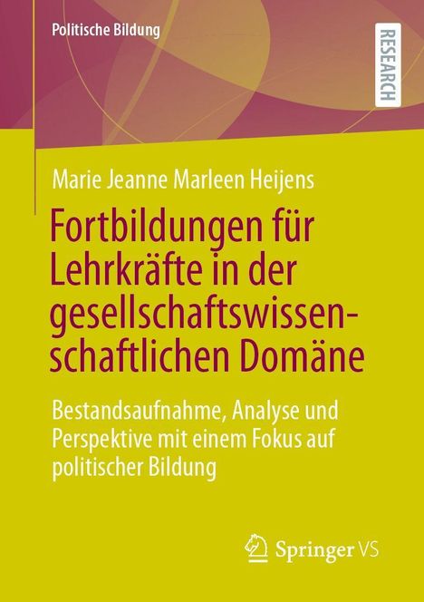 Eine gelbe Buchcover mit violetter Schrift: "Fortbildungen für Lehrkräfte in der gesellschaftswissenschaftlichen Domäne".
