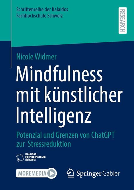 "Mindfulness mit künstlicher Intelligenz" von Nicole Widmer, über ChatGPT und Stressreduktion. Blau-grünes Design.
