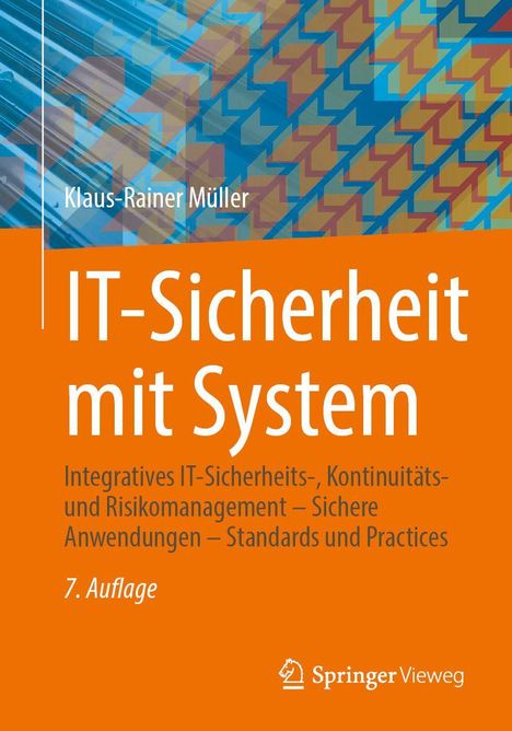 "IT-Sicherheit mit System" von Klaus-Rainer Müller. Orangefarbener Hintergrund, diagonale geometrische Muster oben.
