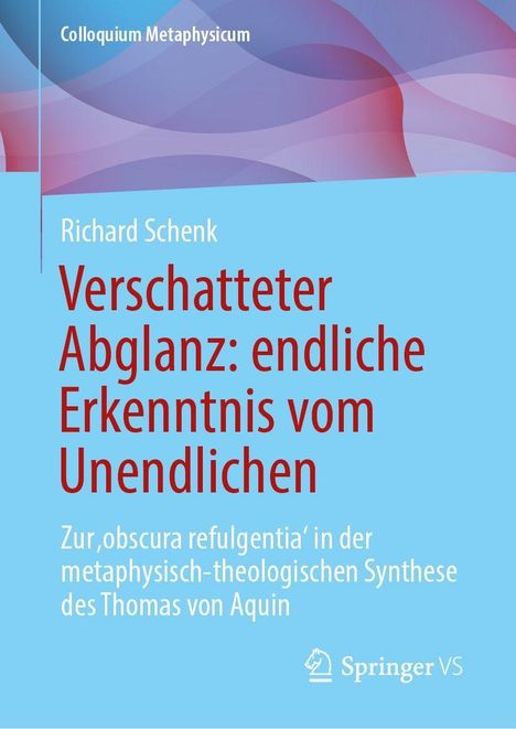 Blauer Hintergrund mit wellenförmigen, farbigen Mustern. Text: "Verschatteter Abglanz: endliche Erkenntnis vom Unendlichen."