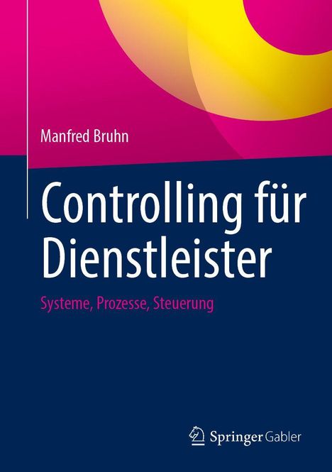 Titel “Controlling für Dienstleister”, Autor Manfred Bruhn. Buntes, geometrisches Design mit Springer Gabler Logo unten.
