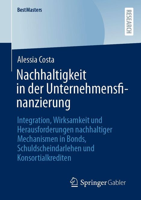 „Nachhaltigkeit in der Unternehmensfinanzierung“ von Alessia Costa. Blau-weißer Hintergrund mit Springer Gabler-Logo.