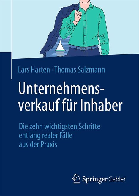 Unternehmensverkauf für Inhaber. Die wichtigsten Schritte aus der Praxis. Illustration: Person im Hemd, Jacke über Schulter.