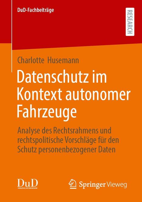 Text: "Datenschutz im Kontext autonomer Fahrzeuge". Darstellung auf orangem Hintergrund mit Verlagslogos unten.