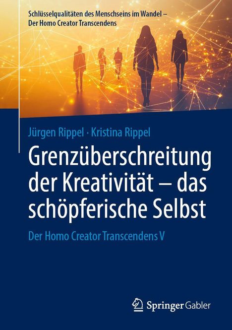 Grenzüberschreitung der Kreativität – das schöpferische Selbst. Orange Silhouetten und Linien auf blauem Hintergrund.