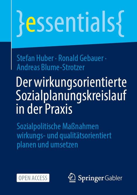 "Der wirkungsorientierte Sozialplanungskreislauf in der Praxis" auf blauem Hintergrund, oben "essentials" in hellblau.
