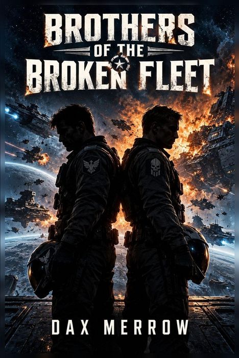 "Brothers of the Broken Fleet" und "Dax Merrow" stehen über zwei Rücken an Rücken stehenden Soldaten im Weltraum.