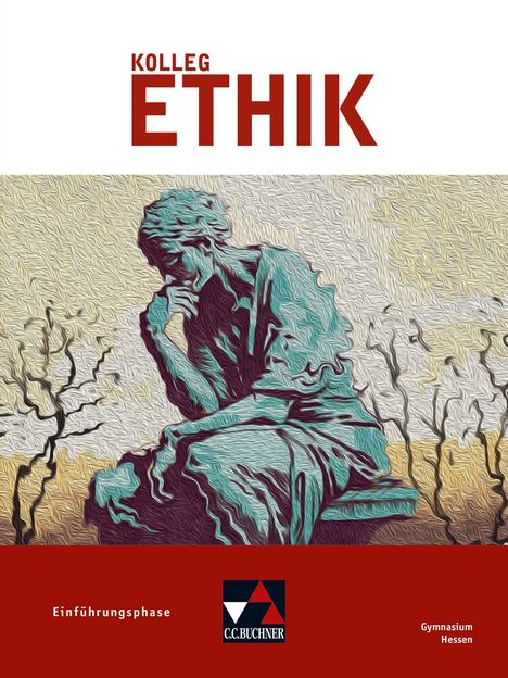 "Kolleg Ethik" in großen roten Buchstaben, darunter eine abstrakte Illustration eines nachdenklichen Denkers.