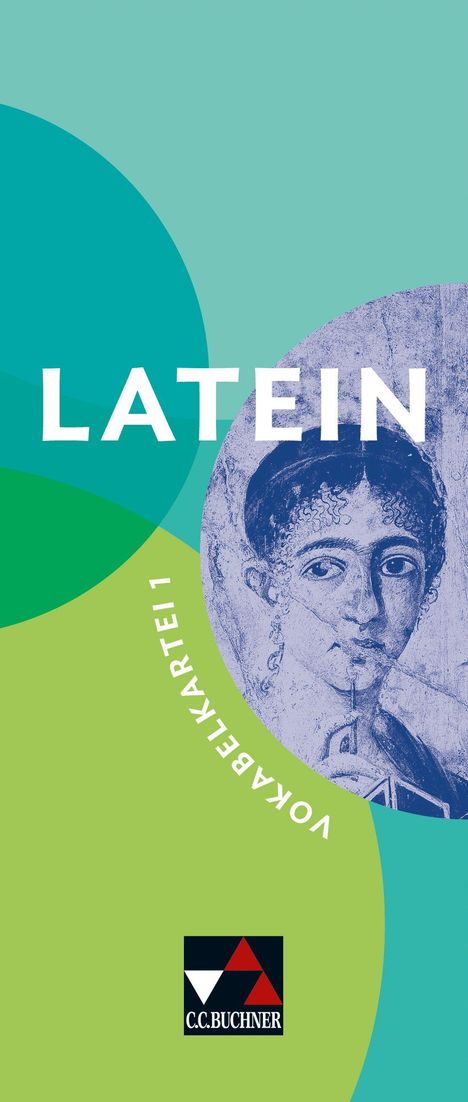 Text: "LATEIN", "VOKABELKARTEI 1". Illustration: Antikes Porträt in Blau auf grün-blauem Hintergrund.