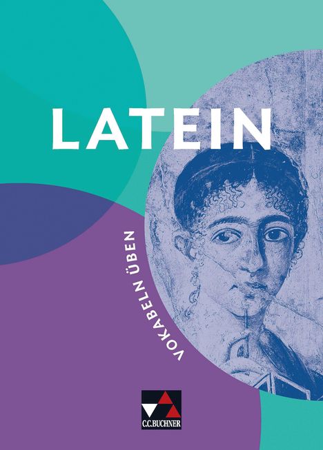 Text: "LATEIN, VOKABELN ÜBEN". Illustration einer antiken Büste auf blauem und violettem Hintergrund.