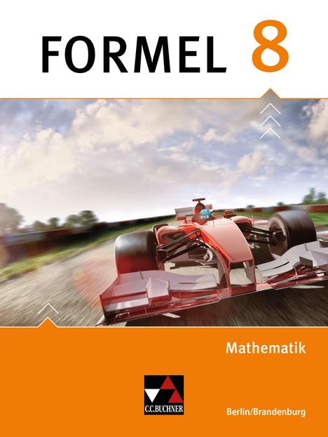 Text: FORMEL 8, Mathematik, Berlin/Brandenburg. Illustration eines roten Rennwagens in Bewegung.