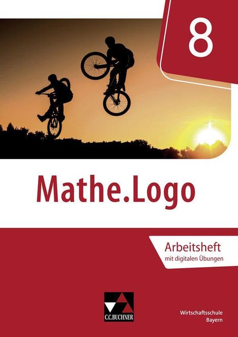 "8 Mathe.Logo Arbeitsheft mit digitalen Übungen" oben. Zwei Radfahrer in Silhouette bei Sonnenuntergang unten.
