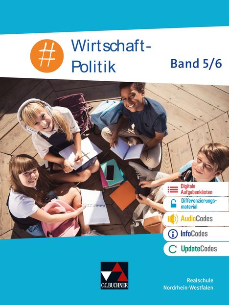 „Wirtschaft-Politik Band 5/6“ mit vier Kindern, die im Freien lernen. Symbole für digitale Inhalte.