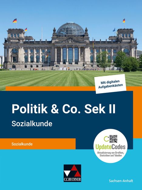 Titel: "Politik & Co. Sek II Sozialkunde". Bild: Der deutsche Reichstag mit Flaggen.