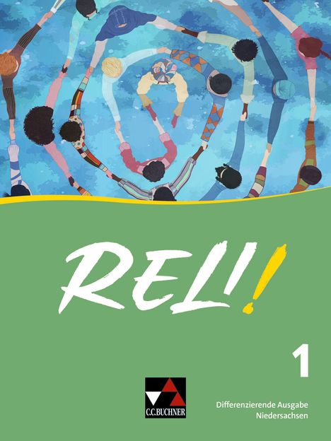 Text: "RELI! 1. Unterschiedliche Ausgabe Niedersachsen." Illustration: Leute halten sich an den Händen in einem Kreis.
