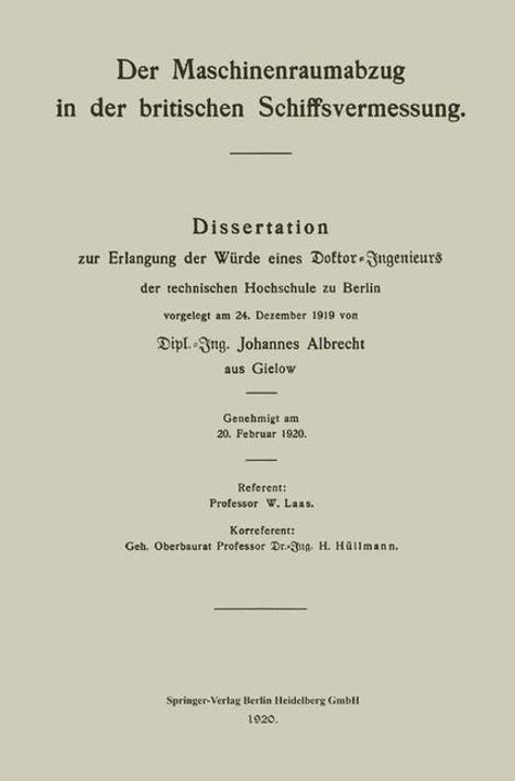 Johannes Albrecht: Der Maschinenraumabzug in der britischen Schiffsvermessung, Buch