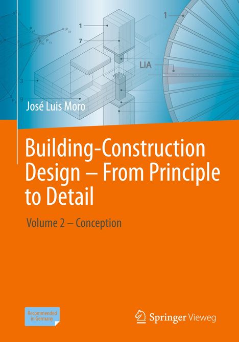 Titel: Building-Construction Design – From Principle to Detail, Volume 2 – Conception. Blau-orangefarbener Hintergrund mit technischem Diagramm.