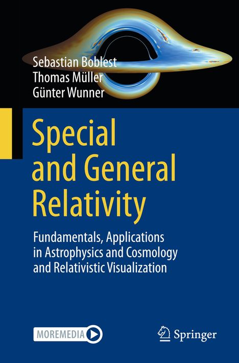 „Special and General Relativity“ vor blauem Hintergrund, drei Autoren oben und ein abstraktes, wissenschaftliches Bild.