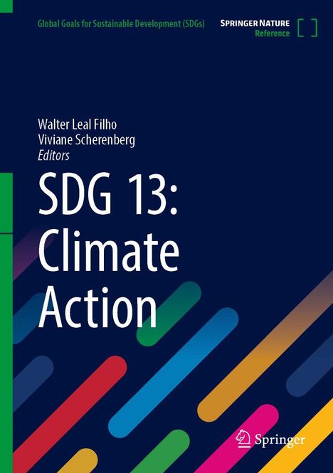 Titel: "SDG 13: Climate Action". Autoren: Walter Leal Filho, Viviane Scherenberg. Bunte, diagonale Streifen auf dunklem Hintergrund.