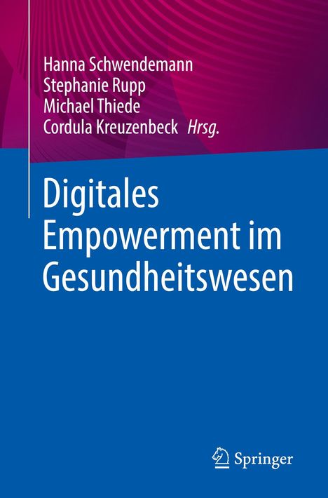Buchtitel: "Digitales Empowerment im Gesundheitswesen". Autoren oben, blauer Hintergrund mit lila Akzenten.