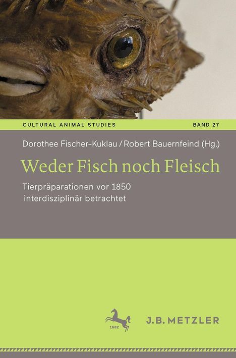 „Weder Fisch noch Fleisch“, Tierpräparationen vor 1850; Illustration eines Tierkopfes mit J.B. Metzler Logo unten.