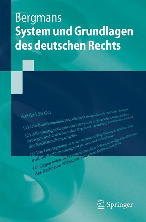 Bergmans System und Grundlagen des deutschen Rechts. Textauszug aus Artikel 20 GG. Türkis-blaues Design mit geometrischen Formen.