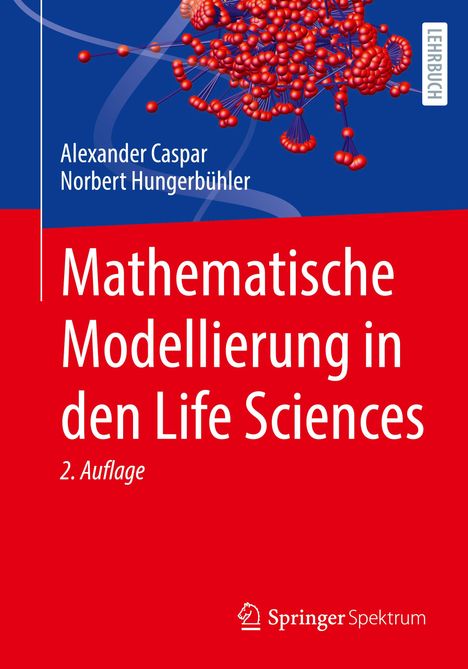 Titel: Mathematische Modellierung in den Life Sciences. Illustration: Rote Molekülstruktur auf blauem Hintergrund.