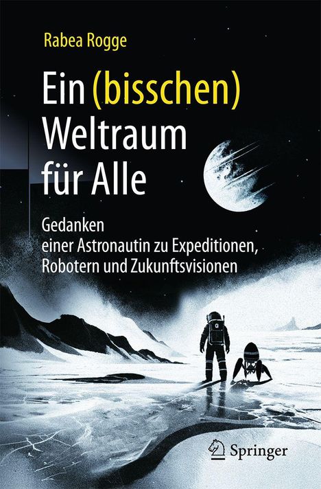 Ein Buchcover zeigt einen Astronauten und Robot auf einer eisigen Landschaft mit einem Planeten im Hintergrund.