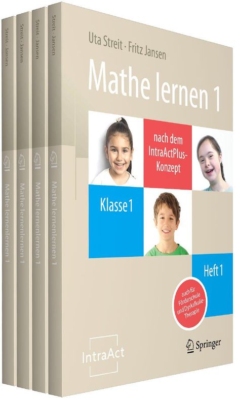 Cover des Buches "Mathe lernen 1" von Uta Streit und Fritz Jansen, illustriert mit Kinderfotos und dem IntraAct-Logo.