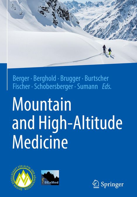 Buchtitel: "Mountain and High-Altitude Medicine". Winterliche Berglandschaft, zwei Skifahrer, zwei Logos unten.