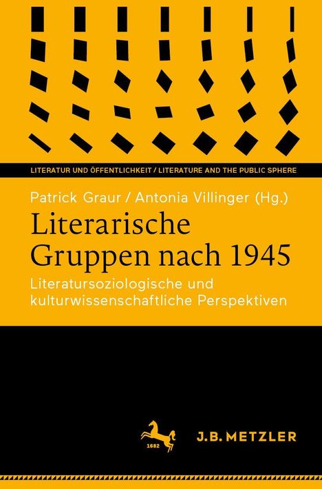 Text: "Literarische Gruppen nach 1945" von Patrick Graur, Antonia Villinger. Stil: Gelb-schwarze Gestaltung mit geometrischen Formen.