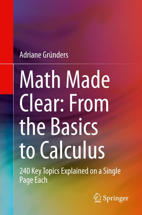 Adriane Gründers: Math Made Clear. 240 Themen auf je einer Seite. Bunte, abstrakte Hintergrundgestaltung. Springer-Logo.