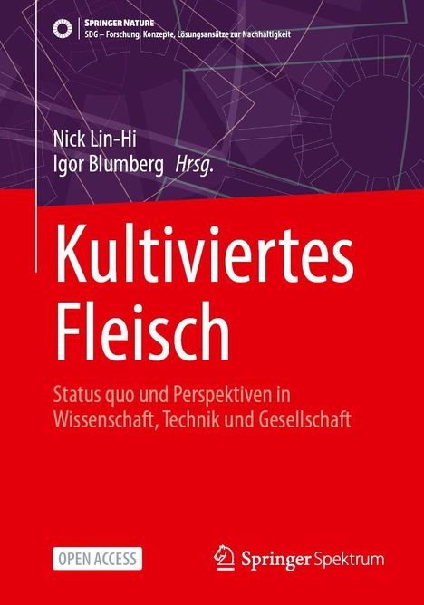 "Kultiviertes Fleisch" in Weiß auf Rot. Namen: Nick Lin-Hi, Igor Blumberg. Hintergrund: lila geometrisches Muster.