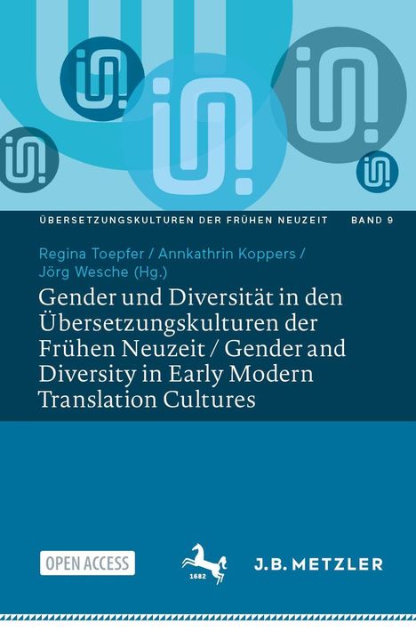 „Gender und Diversität in den Übersetzungskulturen der Frühen Neuzeit“ in Blau. Stilisiertes Logo, offene Zugänglichkeit.