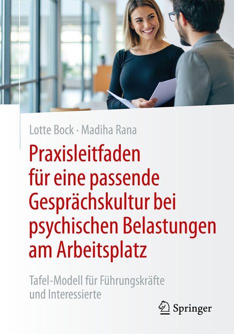 Titel: Praxisleitfaden für eine passende Gesprächskultur. Eine Frau lächelt einen Mann an, beide halten Dokumente.