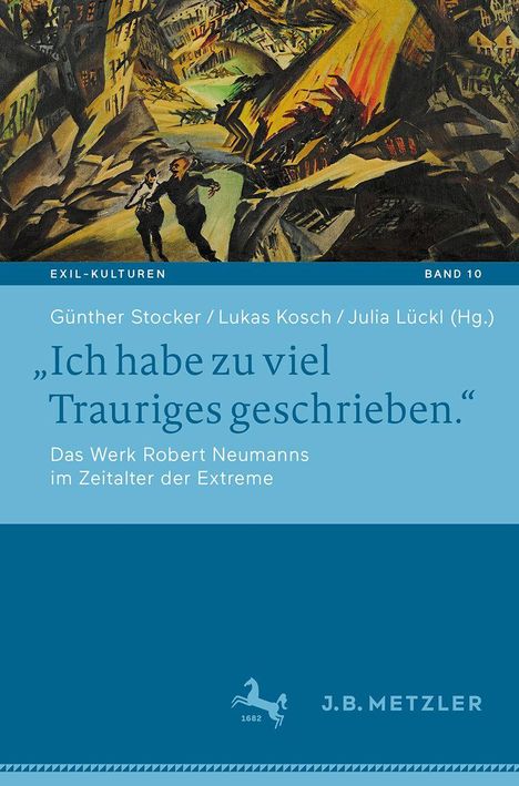 „Ich habe zu viel Trauriges geschrieben.“ Oben expressives Gemälde, unten blaue Flächen mit Verlag und Herausgebern.