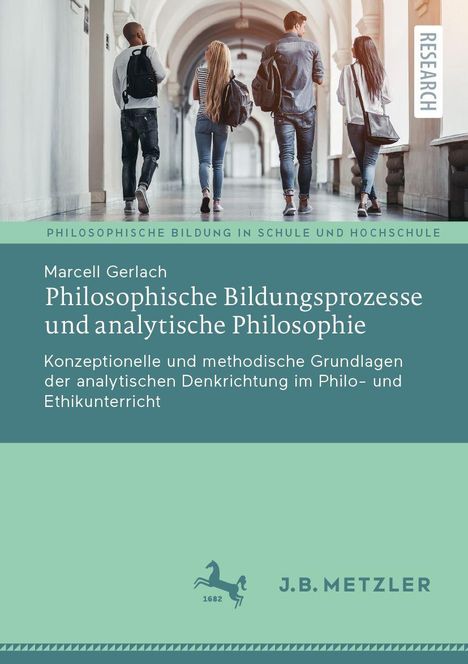 Oben: "RESEARCH", "Philosophische Bildung in Schule und Hochschule". Unten: Titel, Autor, Verlag und ein Logo mit einem Pferd.