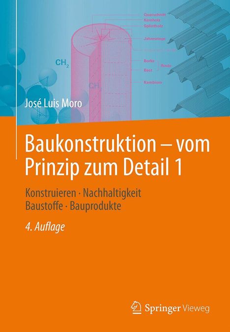 „Baukonstruktion – vom Prinzip zum Detail 1“. Titelbild mit Molekülstrukturen und Holzquerschnitten.