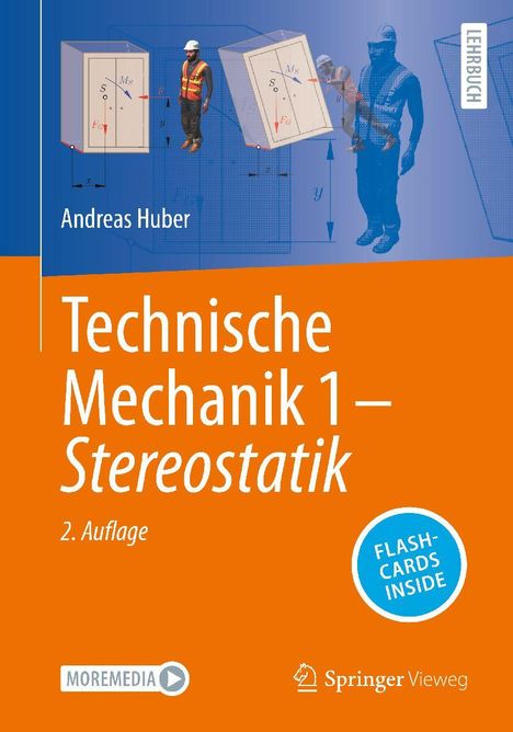 Aufschrift: "Technische Mechanik 1 – Stereostatik". Oben Ingenieure und Diagramme, blau-orangener Hintergrund.