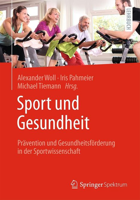 "Sport und Gesundheit", Buchcover mit lächelnden Menschen auf Fitnessgeräten, Hintergrund links ist rot.