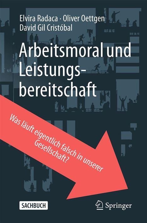 "Was läuft eigentlich falsch in unserer Gesellschaft?" auf rotem Pfeil, umgeben von Silhouetten von Menschen bei der Arbeit.