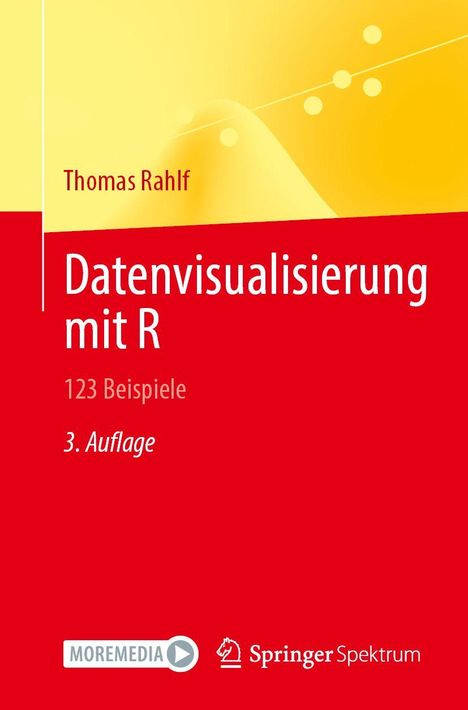 Titel: Datenvisualisierung mit R. Untertitel: 123 Beispiele. 3. Auflage. Farbverlauf von Gelb zu Rot, mit geometrischen Formen.