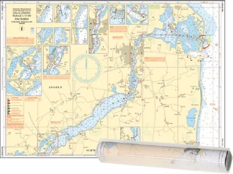 Seekarte, Maßstab 1:50.000, Titel "Die Schlei". Farbige Darstellung eines Gewässers und Umgebung mit Kartenausschnitten.