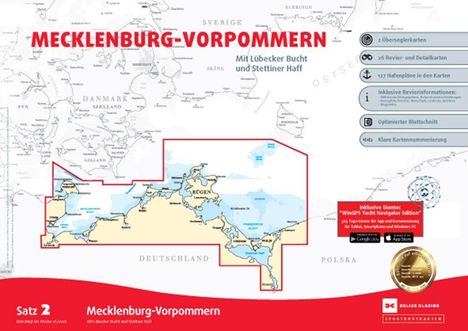„Mecklenburg-Vorpommern“ oben in Rot. Eine detaillierte Karte der Region mit Informationen zu Karteninhalten, Hafenplänen und digitalen Optionen.