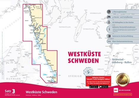 "Westküste Schweden" in roter Schrift. Karte der Küste von Schweden mit Details zu Häfen und Kartenmerkmalen.
