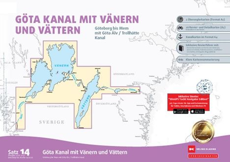 GÖTA KANAL MIT VÄNERN UND VÄTTERN. Karte von Schweden mit markierten Seen und Kanälen; diverse navigationsbezogene Details.