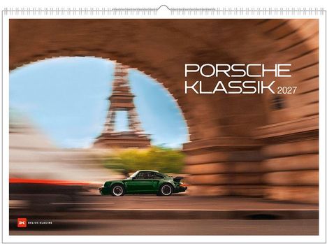"Porsche Klassik 2027". Ein grüner Porsche fährt in Paris, der Eiffelturm ist im Hintergrund.