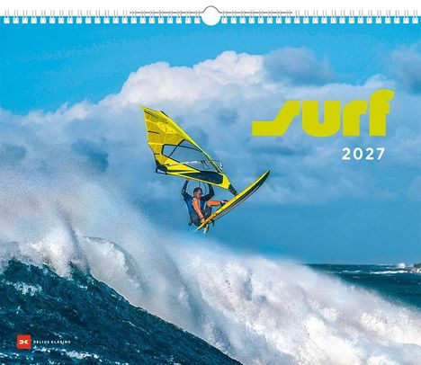"surf 2027," Windsurfer mit gelbem Segel springt über hohe Welle vor bewölktem Himmel.